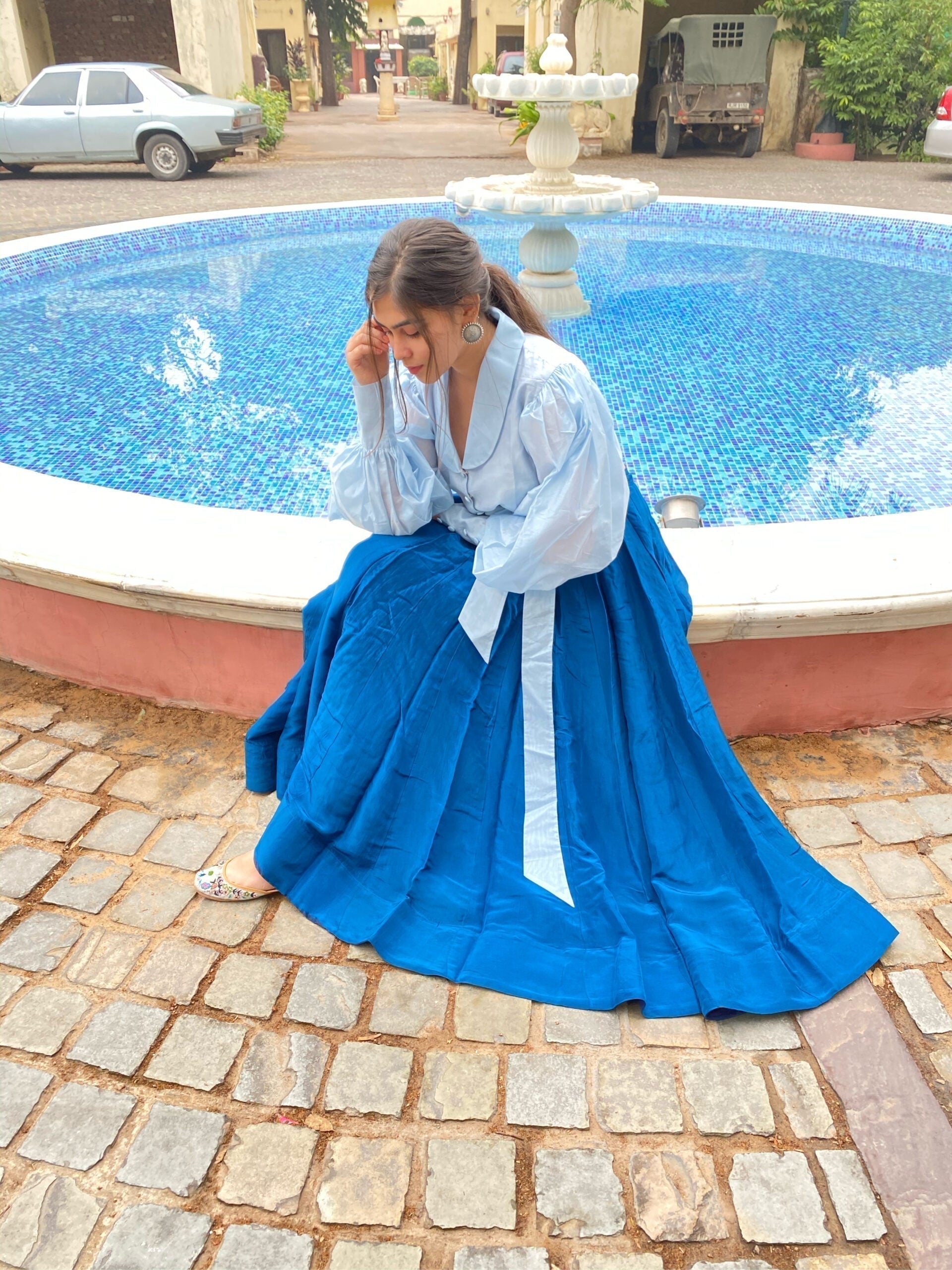azure silk skirt set
