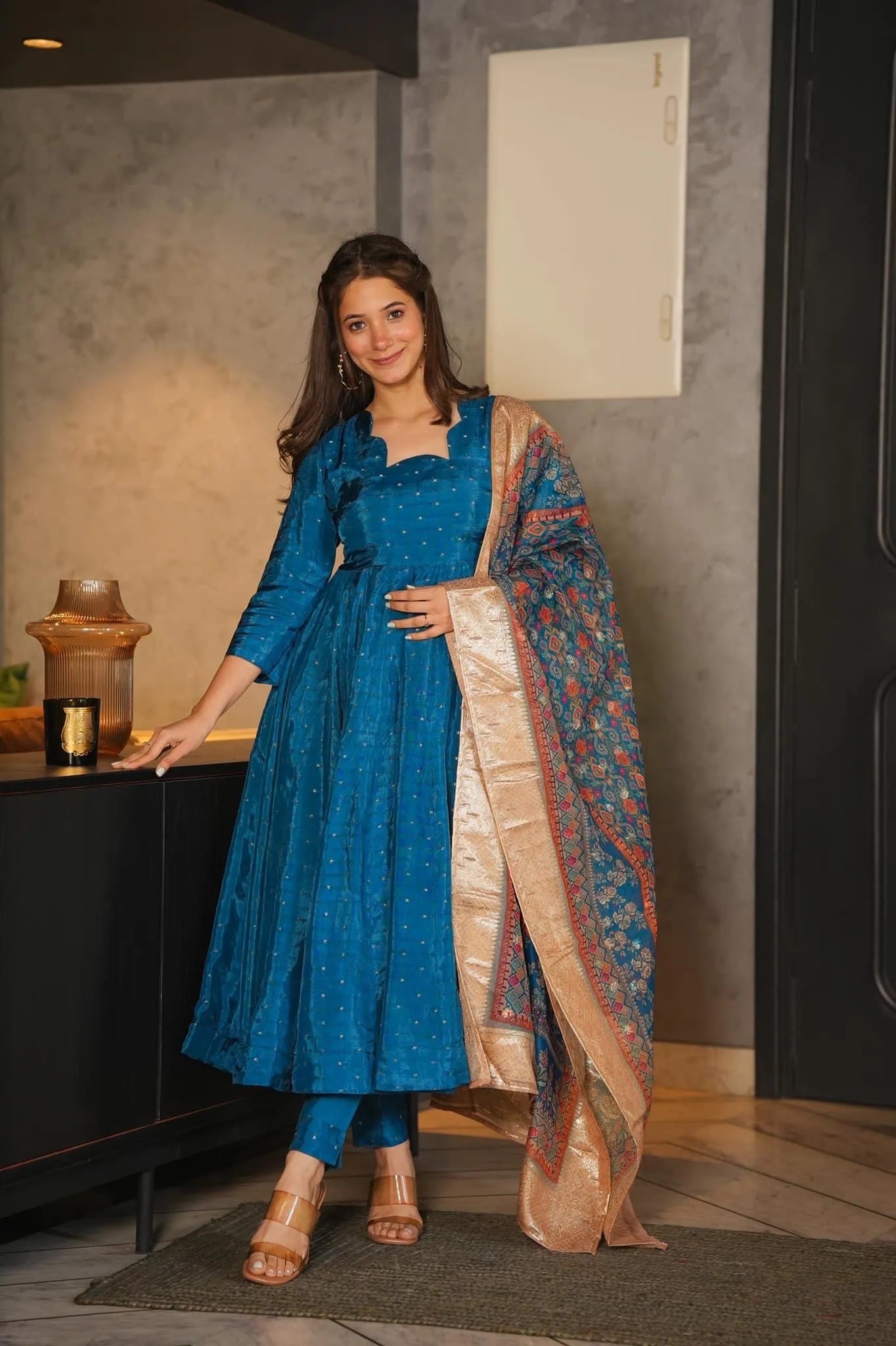 aqua blue silk suit set